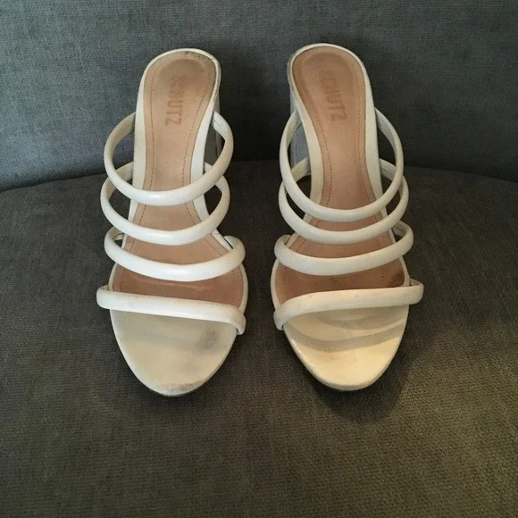 Schutz Felisa‎ Cream Leather Strappy Block Heel Sandals Size 8.5 - Picture 4 of 8